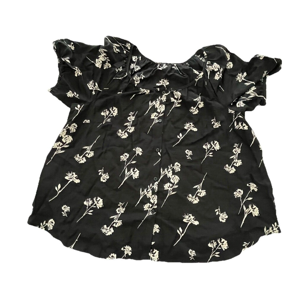 Floral Black Blouse Short Puff Sleeve Fairy Cottage Core Button Up Blouse 2x